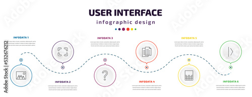 user interface infographic element with icons and 6 step or option. user interface icons such as image with mountains, corners, question mark, paper work, gradient, slide right vector. can be used