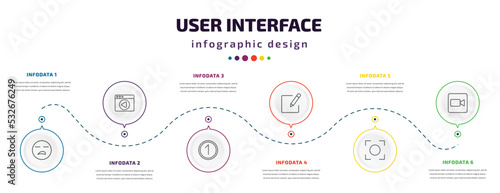 user interface infographic element with icons and 6 step or option. user interface icons such as boring, video in browser, number, compose, auto focus, facetime vector. can be used for banner, info
