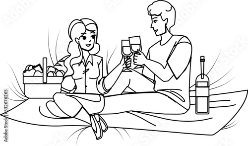 couple wine line pencil drawing vector. love man drink, young woman, happy romantic dinner, two date glass, romance couple wine character. people Illustration