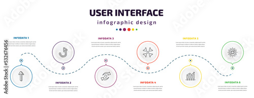 user interface infographic element with icons and 6 step or option. user interface icons such as 3d up arrow, turn up arrow, data looping interface, reduce, evolution, solar recycle vector. can be