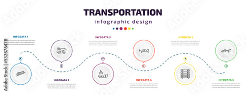 transportation infographic element with icons and 6 step or option. transportation icons such as funicular railway, haul, tugboat, crop duster, railway line, wrecker vector. can be used for banner,
