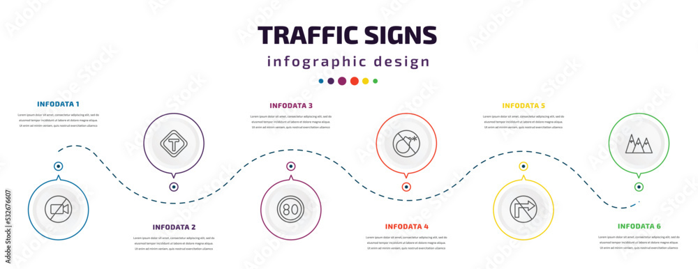 Fototapeta premium traffic signs infographic element with icons and 6 step or option. traffic signs icons such as no video, t junction, speed limit, no bombs, no turn, hill vector. can be used for banner, info graph,