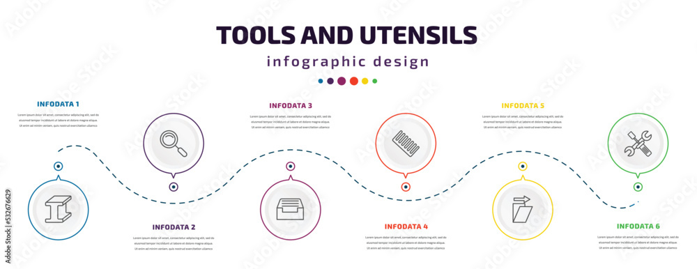tools and utensils infographic element with icons and 6 step or option. tools and utensils icons such as metal, magnifier, tray for papers, combs, shear, reparation vector. can be used for banner, tools and utensils infographic element with icons and 6 step or option. tools and utensils icons such as metal, magnifier, tray for papers, combs, shear, reparation vector. can be used for banner,