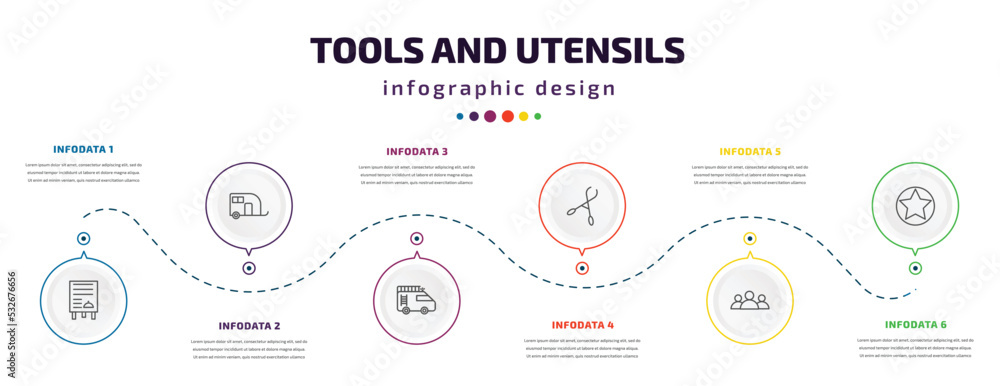 tools and utensils infographic element with icons and 6 step or option. tools and utensils icons such as daily specials board, house on wheels, firetruck, forceps, squad, highlight vector. can be tools and utensils infographic element with icons and 6 step or option. tools and utensils icons such as daily specials board, house on wheels, firetruck, forceps, squad, highlight vector. can be