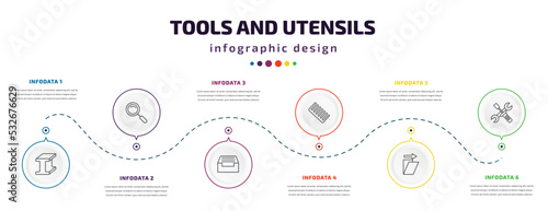 tools and utensils infographic element with icons and 6 step or option. tools and utensils icons such as metal  magnifier  tray for papers  combs  shear  reparation vector. can be used for banner 