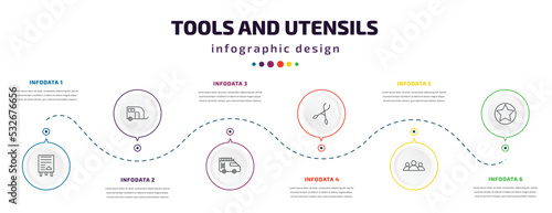 tools and utensils infographic element with icons and 6 step or option. tools and utensils icons such as daily specials board, house on wheels, firetruck, forceps, squad, highlight vector. can be