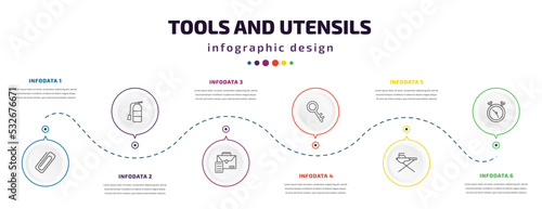 tools and utensils infographic element with icons and 6 step or option. tools and utensils icons such as attachments, flame extinguisher, briefcase document, tiny key, iron table, timer round clock
