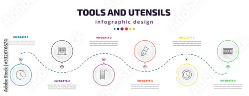 tools and utensils infographic element with icons and 6 step or option. tools and utensils icons such as time left, doors, hanging ladder, ink pen, circular clock, film strip photograms vector. can