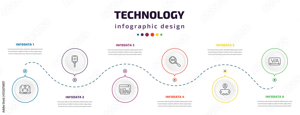 technology infographic element with icons and 6 step or option. technology icons such as sitemaps, retro microphone, user interface, search engine marketing, user flow, kerning vector. can be used - obrazy, fototapety, plakaty 