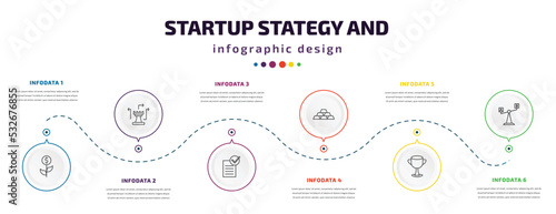 startup stategy and infographic element with icons and 6 step or option. startup stategy and icons such as investment, strategy game, approval, gold ingots, cup, comparison vector. can be used for