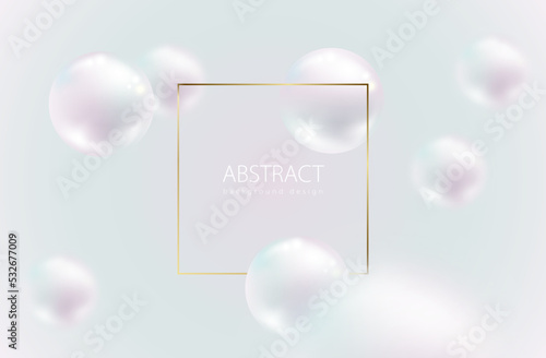 Flying white natural pearl sphere with highlight reflection, blur on light pearly background. Luxury jewelry pearl with thin gold frame. Vector abstract delicate background for beauty advertisement