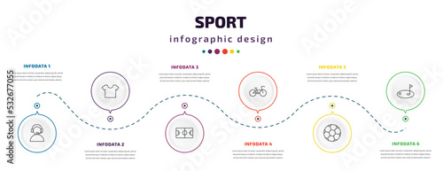 sport infographic element with icons and 6 step or option. sport icons such as commentator, short sleeves, soccer field, racing bike, soccer ball, golf vector. can be used for banner, info graph,