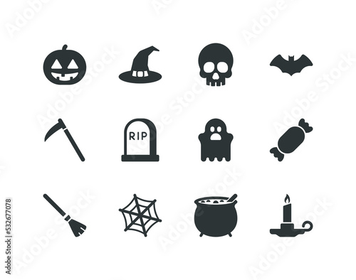 Halloween solid glyph icon set with the spooky season related icons