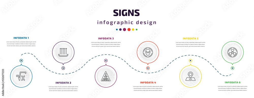 signs infographic element with icons and 6 step or option. signs icons such as square root, heat, crossing, area 51, maps and location, radioactive vector. can be used for banner, info graph, web, signs infographic element with icons and 6 step or option. signs icons such as square root, heat, crossing, area 51, maps and location, radioactive vector. can be used for banner, info graph, web,