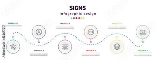 signs infographic element with icons and 6 step or option. signs icons such as favourite star, radiation, align center, not disturb, grid world, alarm vector. can be used for banner, info graph,