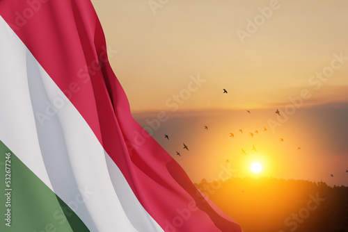 Waving flag of Hungary in sunset sky with flying birds. Independence day, National day. Background with place for your text. 3d-rendering. photo