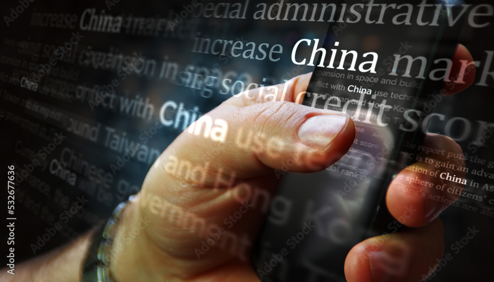 Obraz premium News titles on screen in hand with China 3d illustration