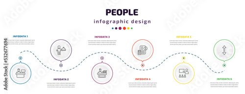 people infographic element with icons and 6 step or option. people icons such as assembler, cooker with tray, working at the office, book keeper, classes, vertical vector. can be used for banner,