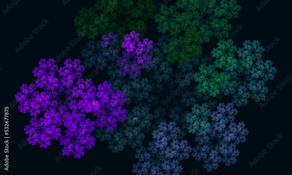 Mesmerizing floral pattern of green violet digital flowers in deep dark space. Artistic 3d representation of color mix. Harmony and tension in hues. Great for design as graphic element, cover print. Mesmerizing floral pattern of green violet digital flowers in deep dark space. Artistic 3d representation of color mix. Harmony and tension in hues. Great for design as graphic element, cover print.