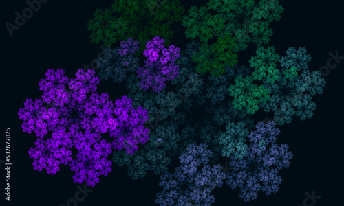 Mesmerizing floral pattern of green violet digital flowers in deep dark space. Artistic 3d representation of color mix. Harmony and tension in hues. Great for design as graphic element, cover print.