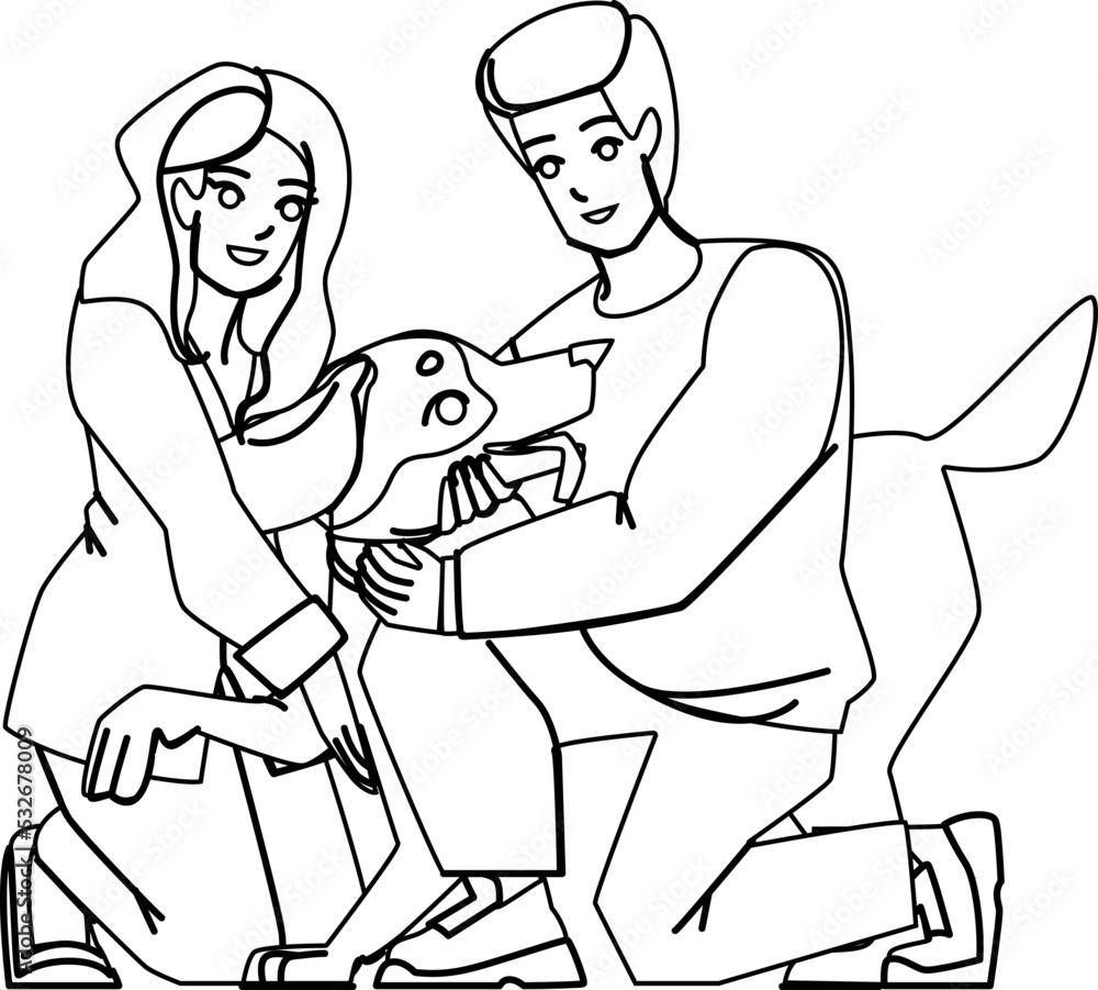 couple with dog line pencil drawing vector. happy man woman pet, young home love, apartment animal hug couple with dog character. people Illustration couple with dog line pencil drawing vector. happy man woman pet, young home love, apartment animal hug couple with dog character. people Illustration