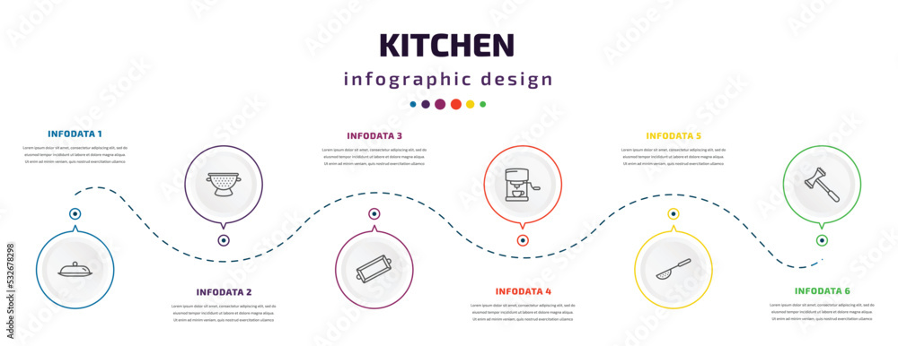 kitchen infographic element with icons and 6 step or option. kitchen icons such as platter, nder, tray, coffee hine, sugar sifter, meat tenderizer vector. can be used for banner, info graph, web, kitchen infographic element with icons and 6 step or option. kitchen icons such as platter, nder, tray, coffee hine, sugar sifter, meat tenderizer vector. can be used for banner, info graph, web,