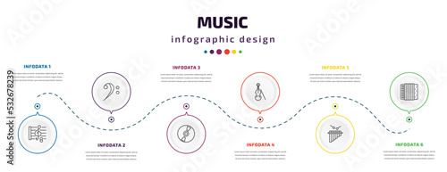 music infographic element with icons and 6 step or option. music icons such as octave, bass clef, music record, violoncello, marimba, accordion vector. can be used for banner, info graph, web,