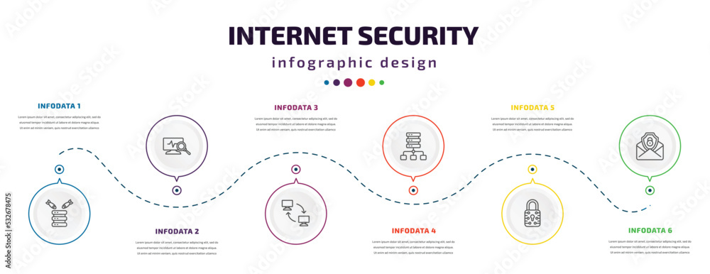 internet security infographic element with icons and 6 step or option. internet security icons such as ddos, network monitoring, remote access, proxy server, data locked, email security vector. can internet security infographic element with icons and 6 step or option. internet security icons such as ddos, network monitoring, remote access, proxy server, data locked, email security vector. can