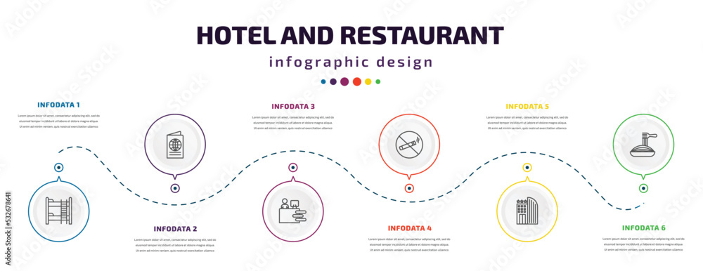 hotel and restaurant infographic element with icons and 6 step or option. hotel and restaurant icons such as bunk, passport, receptionist, no smoking, hotel, spaghetti vector. can be used for hotel and restaurant infographic element with icons and 6 step or option. hotel and restaurant icons such as bunk, passport, receptionist, no smoking, hotel, spaghetti vector. can be used for