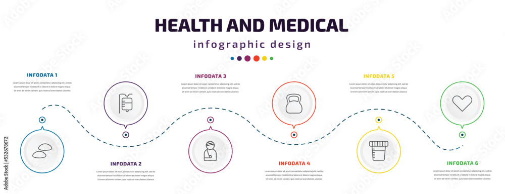 health and medical infographic element with icons and 6 step or option. health and medical icons such as breast implant, saline, injury, kettlebell, urine, heart vector. can be used for banner, info health and medical infographic element with icons and 6 step or option. health and medical icons such as breast implant, saline, injury, kettlebell, urine, heart vector. can be used for banner, info