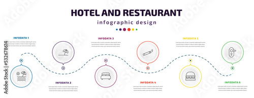 hotel and restaurant infographic element with icons and 6 step or option. hotel and restaurant icons such as beach, beach umbrella, double bed, smoking, cheese burger, doorknob vector. can be used