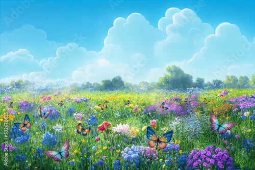 Obraz Children's painted colored wallpaper. Colorful illustration of a wide summer meadow with flowers and butterflies. Design for a children's room, wallpaper, photo wallpaper.