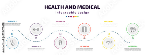 health and medical infographic element with icons and 6 step or option. health and medical icons such as pills, dumbbell, microbe, medical strip, uterus, defibrillator vector. can be used for