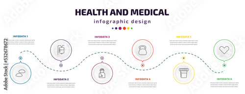 health and medical infographic element with icons and 6 step or option. health and medical icons such as breast implant, saline, injury, kettlebell, urine, heart vector. can be used for banner, info