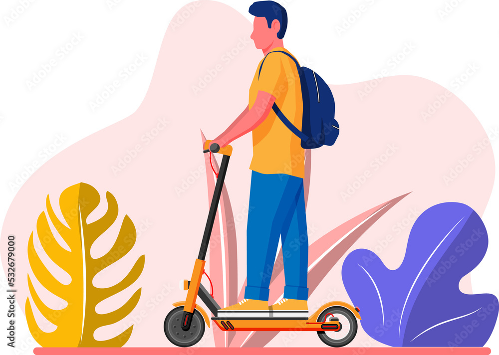 Guy with backpack rolling on electric scooter.