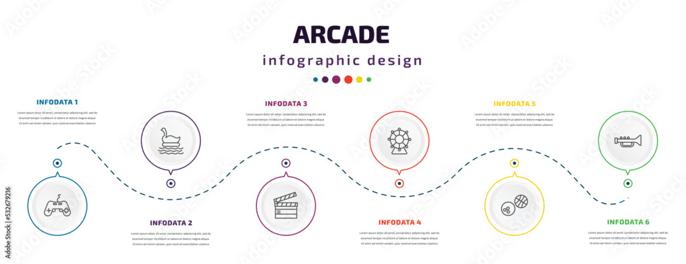 arcade infographic element with icons and 6 step or option. arcade icons such as gamepad, swan boat, clapboard, spinning wheel, sports ball, soprano vector. can be used for banner, info graph, web, arcade infographic element with icons and 6 step or option. arcade icons such as gamepad, swan boat, clapboard, spinning wheel, sports ball, soprano vector. can be used for banner, info graph, web,