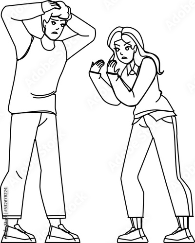 couple yelling line pencil drawing vector. woman man, angry relationship, problem family, fight boyfriend, husband conflict wife couple yelling character. people Illustration