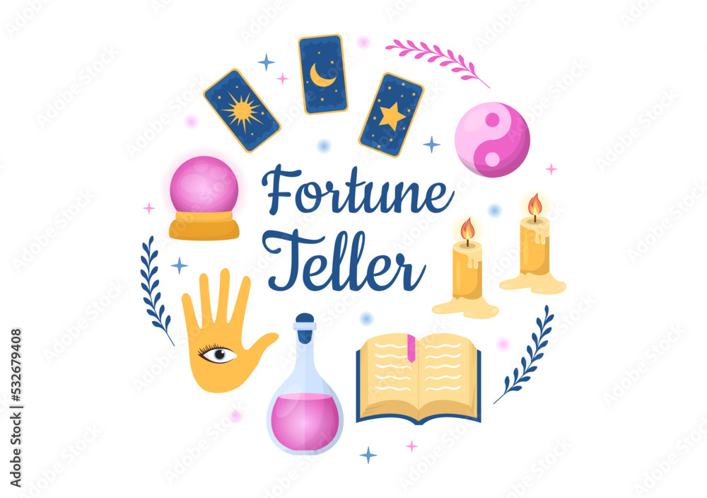Fortune Teller Template Hand Drawn Cartoon Flat Illustration with Crystal Ball, Magic Book or Cards for Predicts Fate and Telling the Future Concept