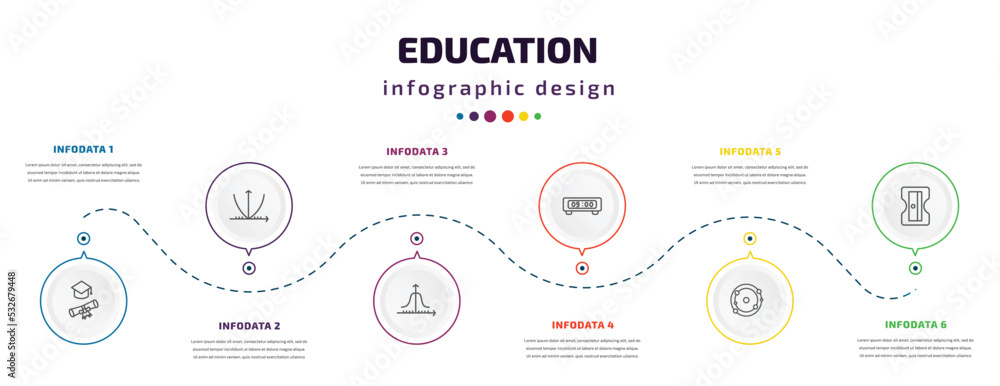 education infographic element with icons and 6 step or option. education icons such as graduation pictures, parabolic function, gaussian function, digital display 60, solar system, sharpener vector. education infographic element with icons and 6 step or option. education icons such as graduation pictures, parabolic function, gaussian function, digital display 60, solar system, sharpener vector.