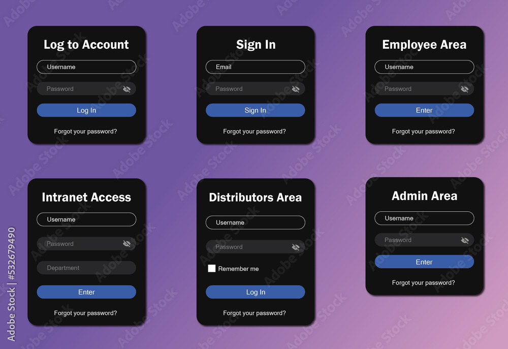 different sign in or login in boxes in dark mode: customer area in two versions, employee area, intranet access, distributors area and admin area different sign in or login in boxes in dark mode: customer area in two versions, employee area, intranet access, distributors area and admin area