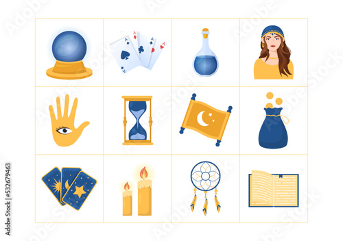 Fortune Teller Template Hand Drawn Cartoon Flat Illustration with Crystal Ball, Magic Book or Cards for Predicts Fate and Telling the Future Concept