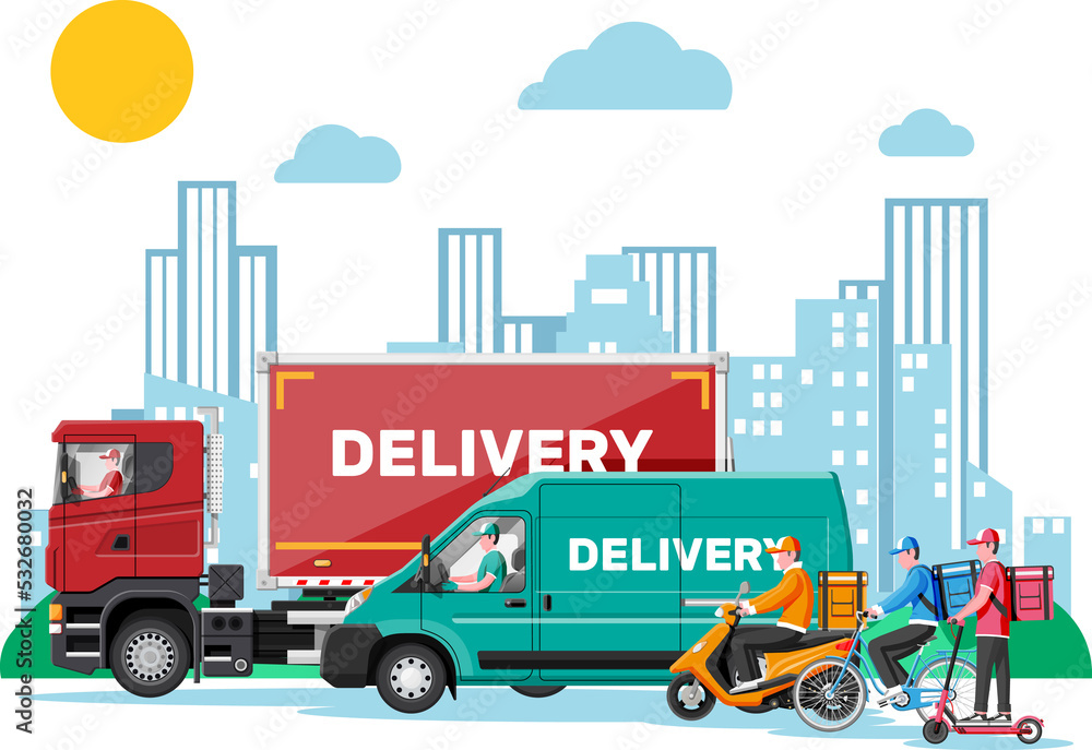 Delivery man on van truck, scooter, bicycle