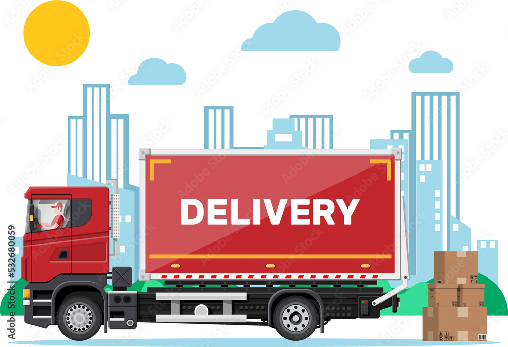 Red delivery truck and cardboard boxes, cityscape