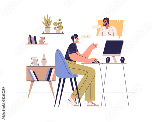 Video call, virtual meeting with remote worker. Happy colleagues at distant videocall, discussing work, business. Online communication concept. Flat vector illustration isolated on white background