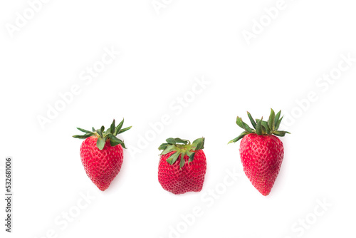 Strawberry isolated. Strawberries isolate. Strawberries with leaf isolate. Whole and half of strawberry on white. Side view strawberries set.