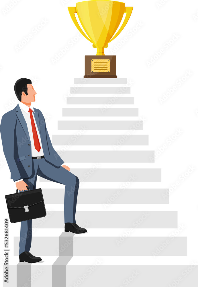 Businessman and gold trophy on ladder of success. Businessman and gold trophy on ladder of success.