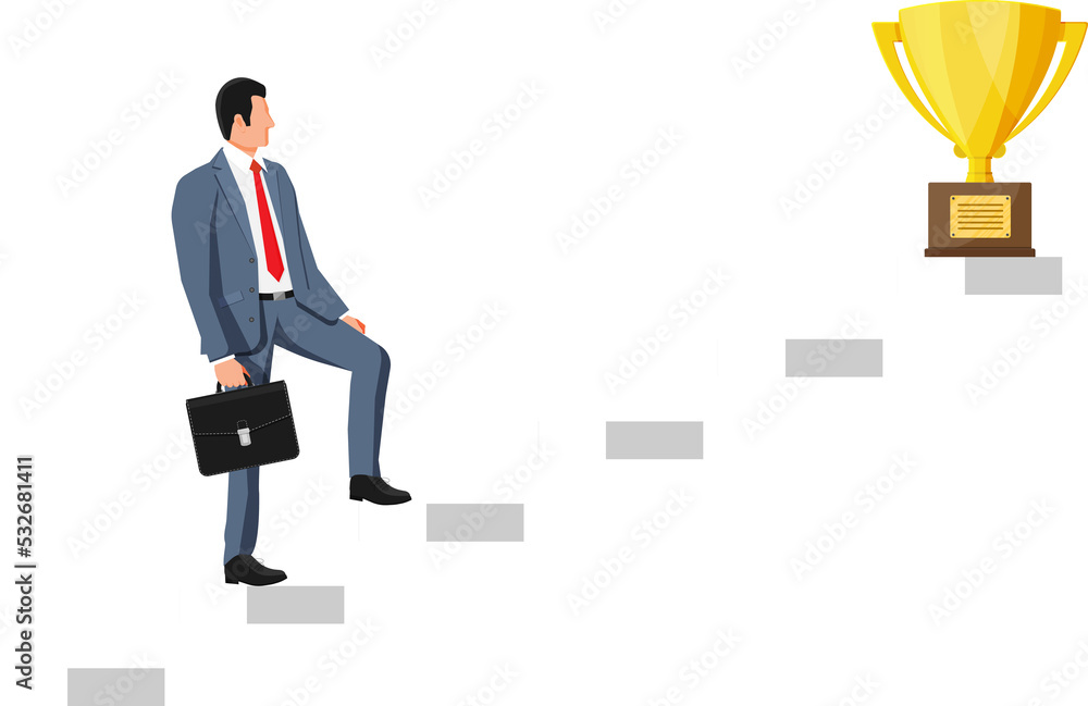 Businessman and gold trophy on ladder of success.