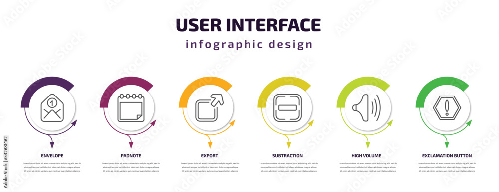 user interface infographic template with icons and 6 step or option. user interface icons such as envelope, padnote, export, subtraction, high volume, exclamation button vector. can be used for