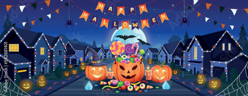 Halloween street houses. Suburban houses, street with cottages with garages decorated with garlands and pumpkins for halloween at night. Vector illustration.