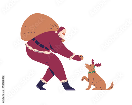 Santa Claus giving Christmas cookie to cute dog in reindeer antlers. Xmas character in costume with gifts bag, funny New Year doggy. Flat graphic vector illustration isolated on white background